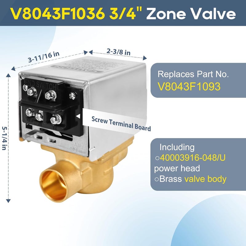 Werhoo V8043F1036 Zone Valve for, Replaces V8043F1093 40003916-048/U Replacement Head Actuator 2-way 4-Wire 24V Motor Normally Closed 3/4 Sweat Connection, Screw Terminal Board Connection - Image 3